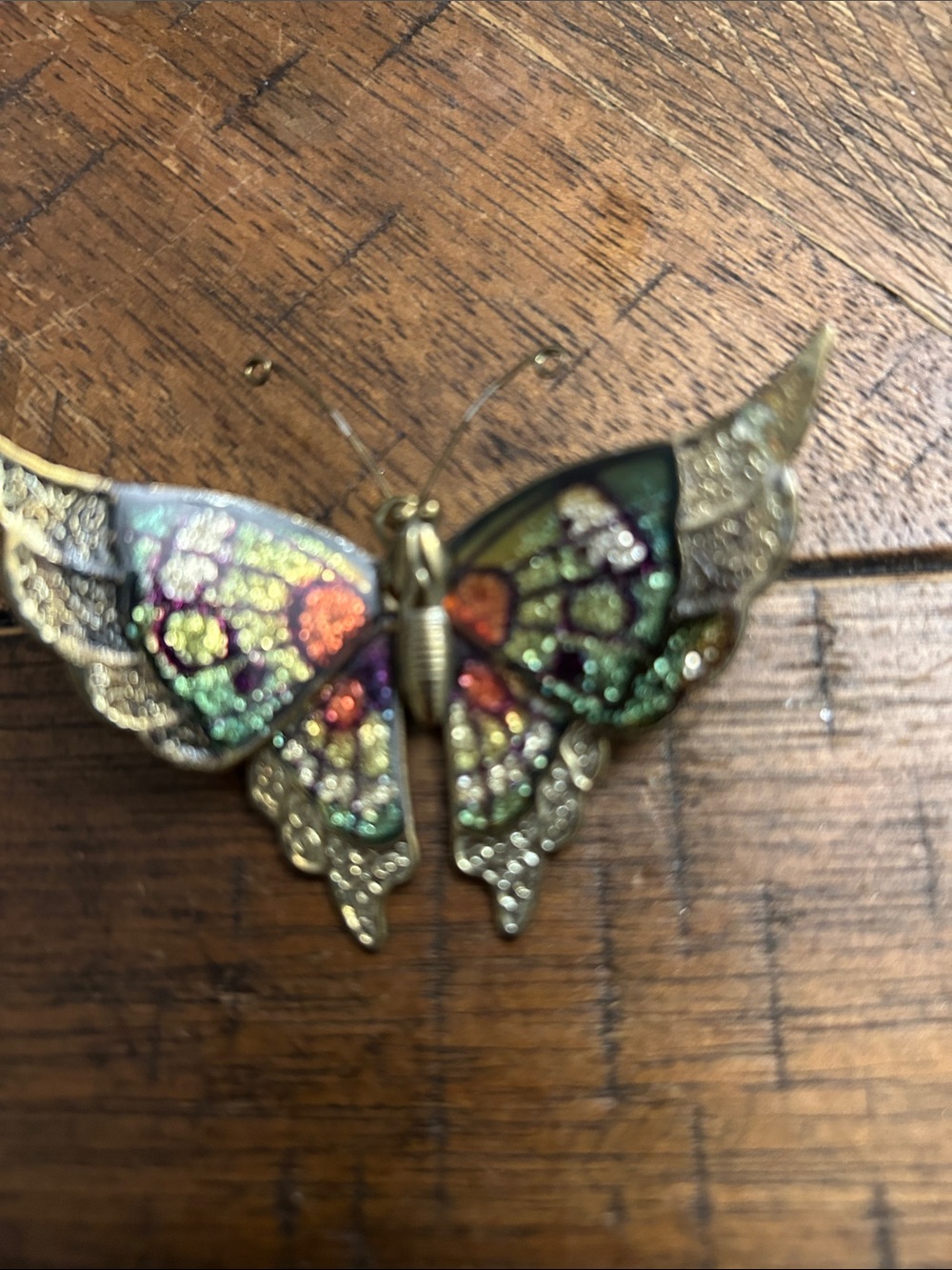Vintage Multicolor Enamel Butterfly Brooch - Green and Gold Accents